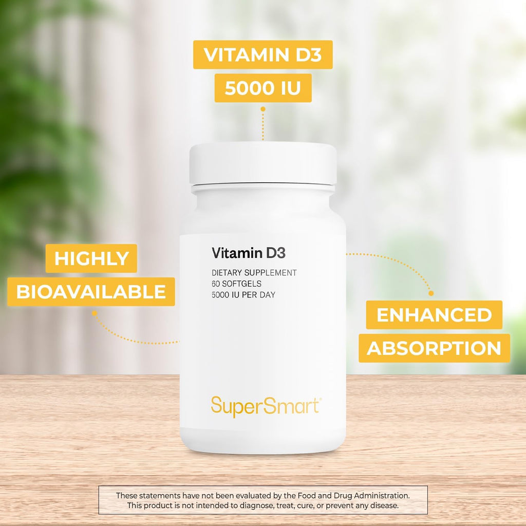 Supersmart - Vitamin D3 5000 IU per Day (125mcg) - High Potency & Bioavailability - with Sunflower Oil | Non-GMO & Gluten Free - 60 Softgels