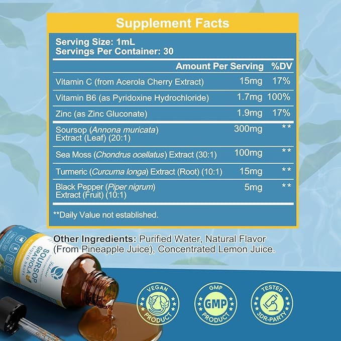 (2 Pack) Soursop Graviola Leaf Extract Liquid Drop Plus Pure Botanical Sea Moss for Cell Support & Regeneration, Immunity and Gut Health, Soursop Bitters Liquid丨Full Texture,Pineapple Flavor,1 Fl Oz