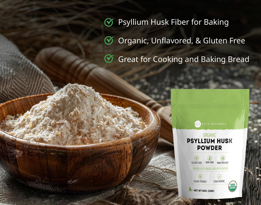 Kate Naturals Psyllium Husk Powder for Baking, Fiber. Psyllium Seed Powder for Dogs & Cats (8oz, Organic, Gluten Free, Pet Safe)