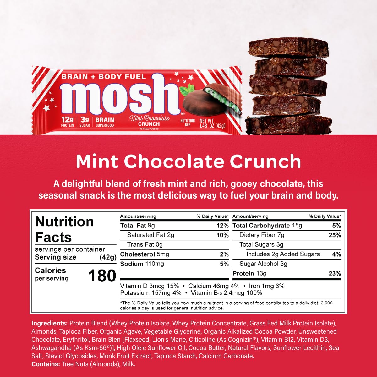 MOSH Mint Chocolate Crunch Keto Protein Bars, High Protein, Gluten Free, Brain Healthy Snack with Ashwagandha and Lions Mane, 12 Count