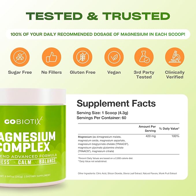 GoBiotix Magnesium Glycinate Powder – Cortisol Supplements for Women and Men – High Absorption Magnesium Complex Calm Supplement with Citrate, Malate – Sugar Free – 420 mg, 60 Servings - Lemon Lime