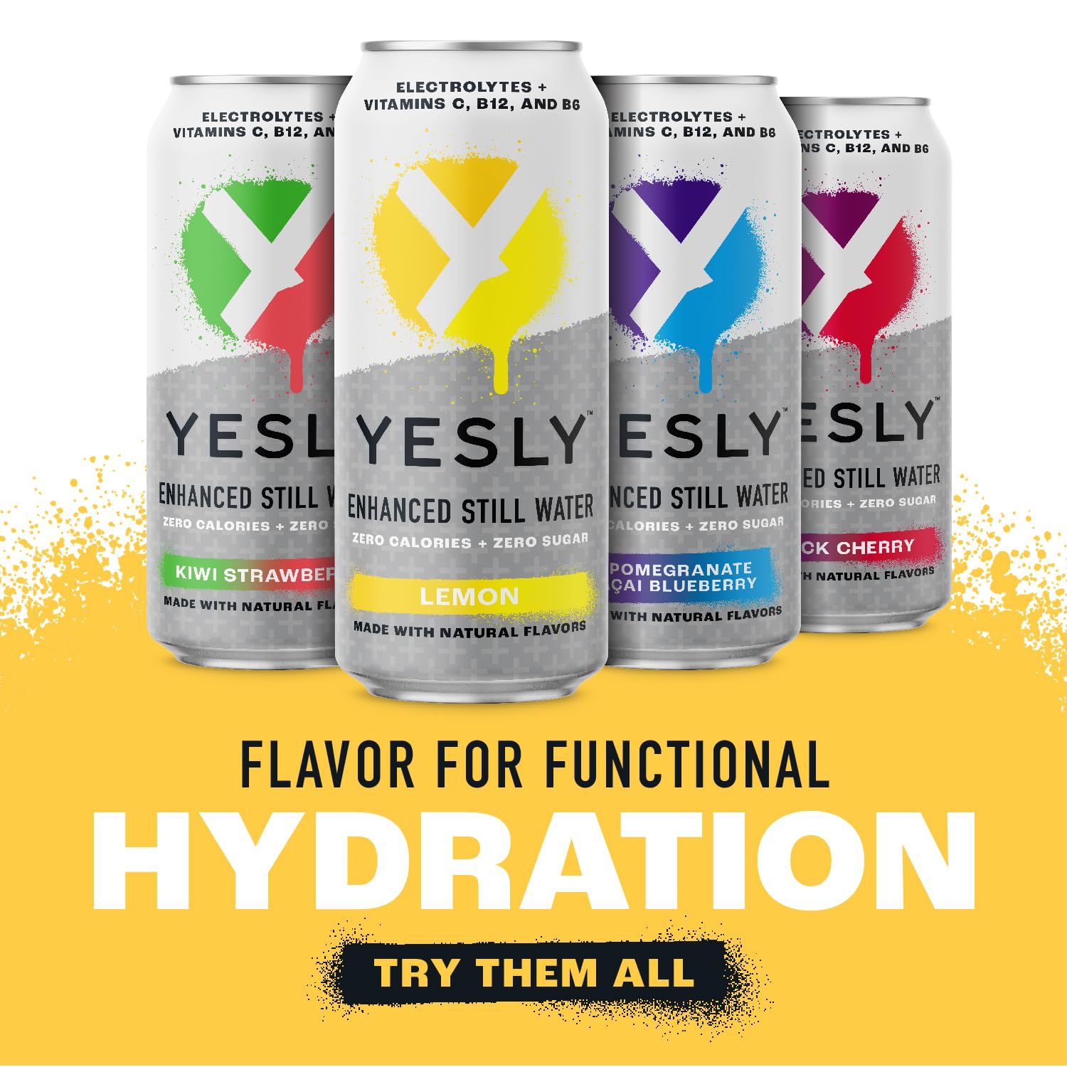 Yesly Functional Water, Lemon, Naturally Flavored Still Water with Electrolytes, Magnesium, Potassium, Vitamin C, B6 & B12, Zero Sugar, No Artificial Sweeteners, Caffeine Free, 16 Fl Oz Cans, 12 Pack