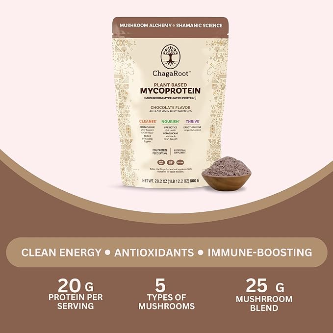 Mycoprotein Mushroom Protein Powder, Chocolate Flavor, 20g Plant Based Protein per Serving, Reishi, Chaga, Lions Mane, Shiitake, Turkey Tail, Vegan, Gluten Free, Coffee, Smoothies, 1.76 lb