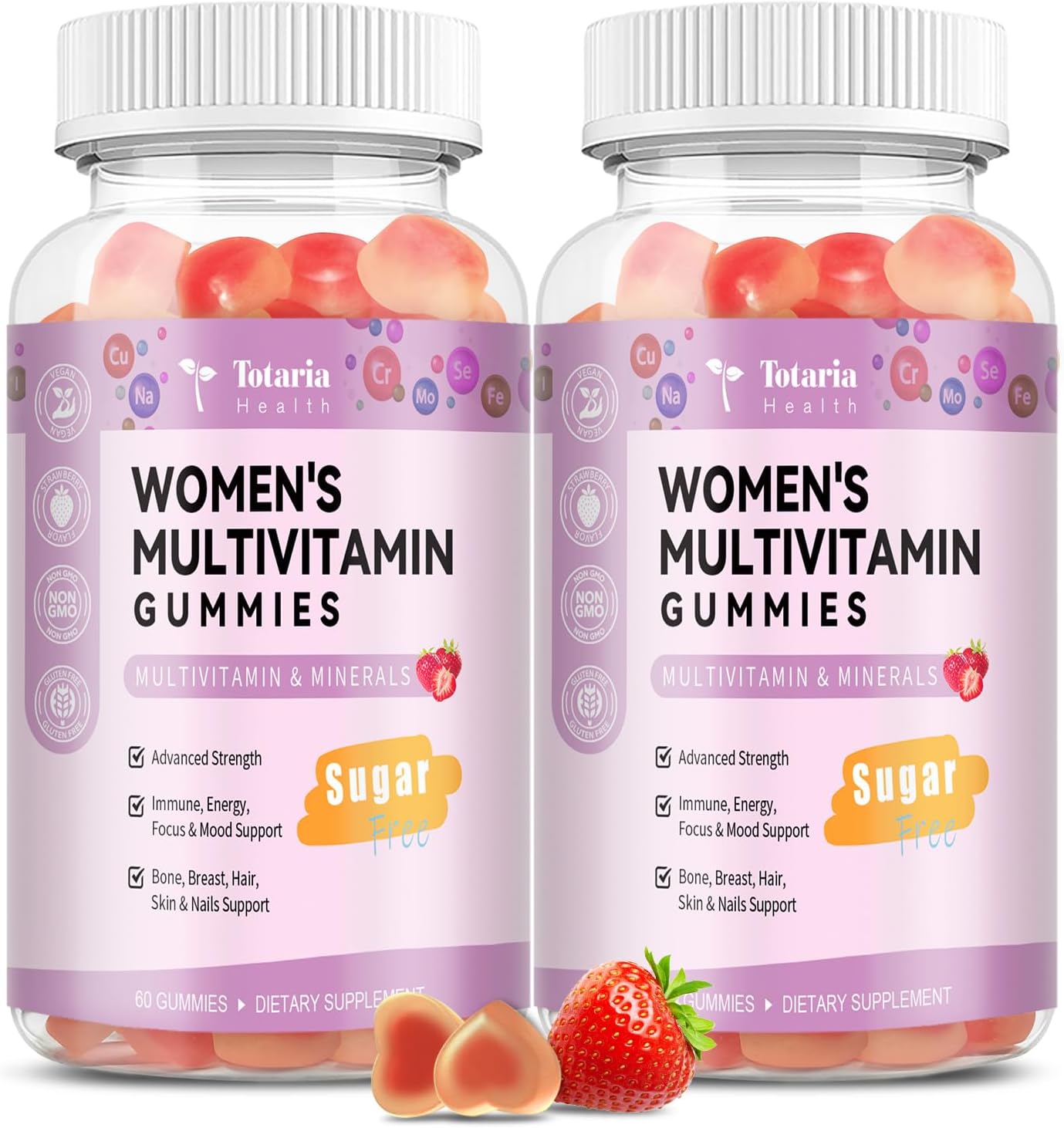 Sugar Free Multivitamin Gummies for Women 14+ w/Inositol, Iron, Folate, Biotin, Womens Daily Multivitamin Gummy w/Vitamin A, D, C, B, Support Hair, Skin, Energy, Immune, Strawberry Flavor