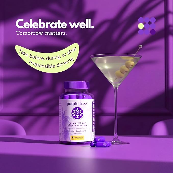 purple tree Post-Celebration Wellness Supplement for After-Drink Support | Hydration & Liver Health | Dihydromyricetin DHM, Milk Thistle, Electrolytes, Vitamin B, Willow Bark, Quercetin (180 Pills)