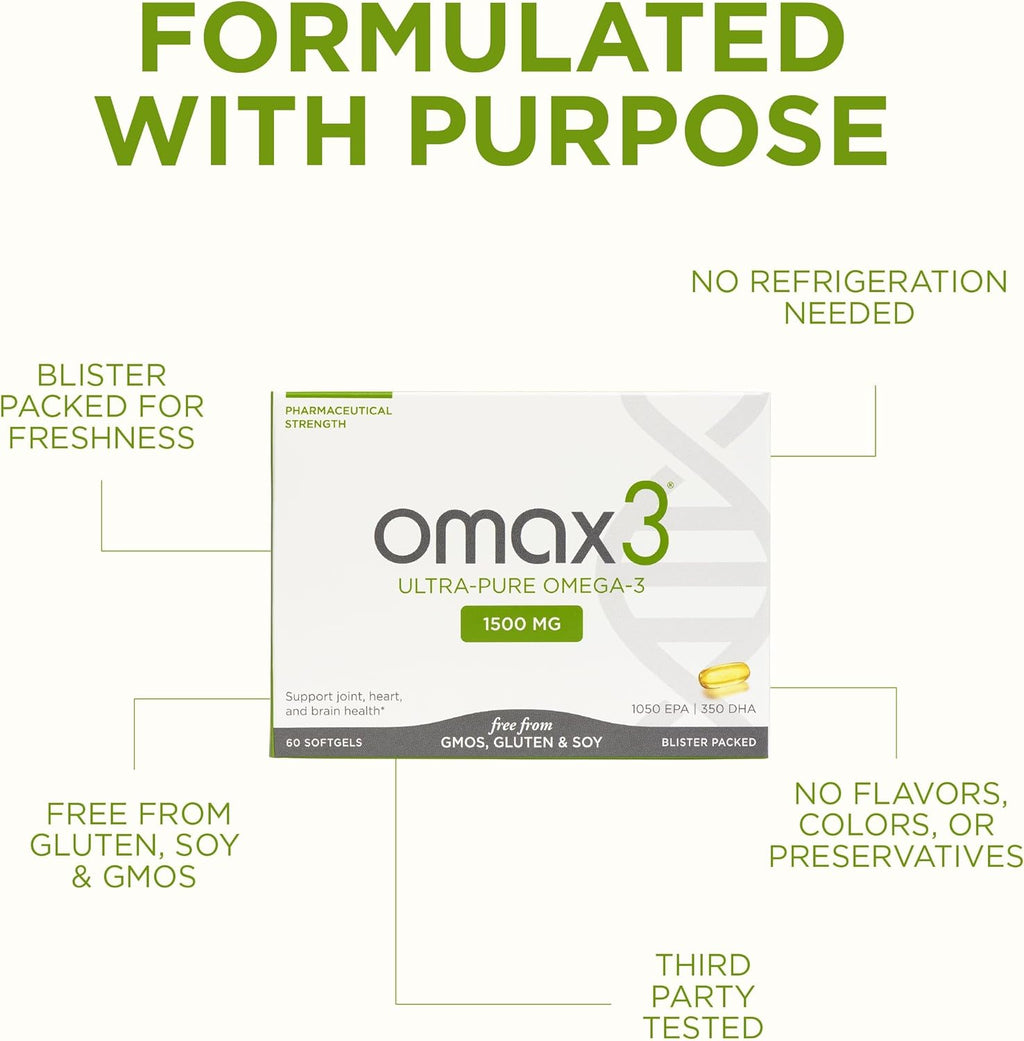 Omax3 Natural Omega 3 Fish Oil Pills 1500 MG EPA DHA - Omega3 Fatty Acid Supplements Muscle & Joint - Gluten Free, Wild Caught, Non GMO, 60-Day Supply Blister Packed (2 Boxes)