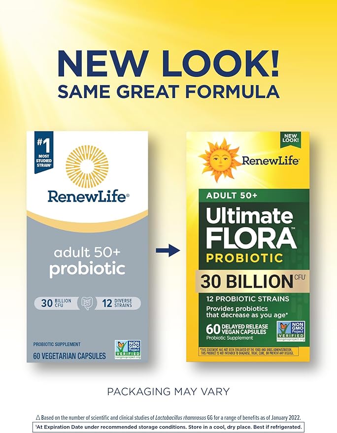 Renew Life Probiotic Adult 50 Plus Probiotic Capsules, Daily Supplement Supports Urinary, Digestive and Immune Health, L. Rhamnosus GG, Dairy, Soy and gluten-free, 30 Billion CFU, 60 Count