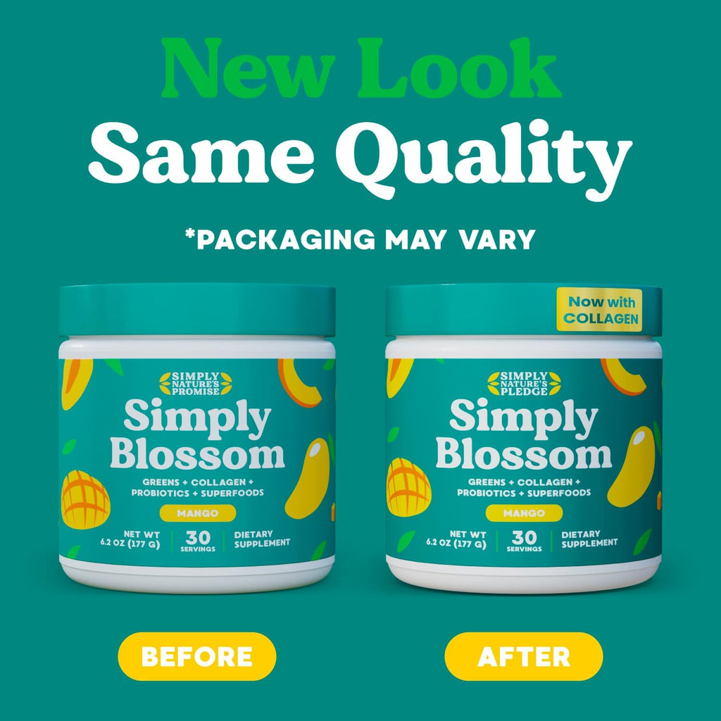 Simply Blossom Nutrition Daily Greens & Superfood Powder + Collagen + Probiotics for Women's Digestive Health & Bloating Relief. Help Your Health Bloom - 30 Day Supply - Mango