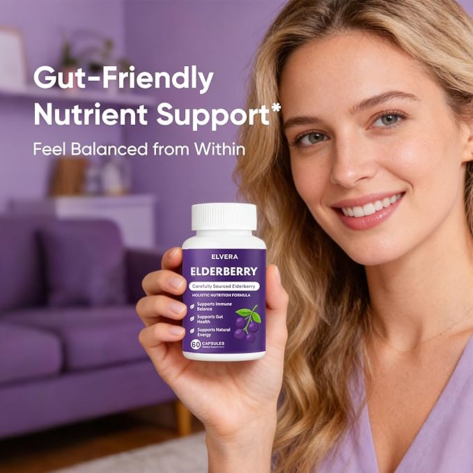 Elvera Gut Support Complex - Organic Black Elderberry Soft Capsules, with Zinc & Vitamin C – Immune Support, Digestive Balance, Natural Energy, Daily Immune & Digestive Wellness 60 Capsules