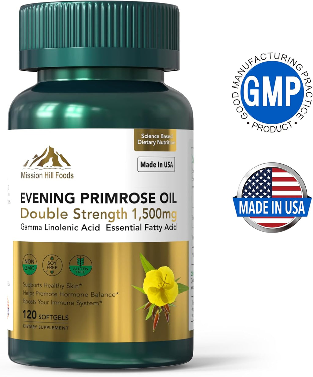 Evening Primrose Oil (1500mg) | High GLA for Hormonal Balance & Skin Health (1 Bottle-120 Softgels-2mo Supply) | Non-GMO, Gluten-Free