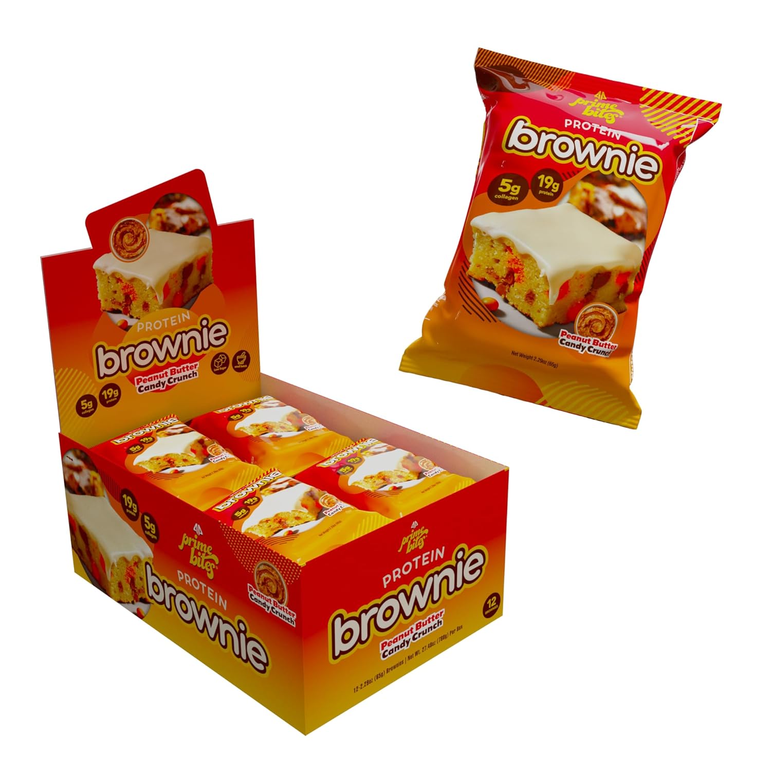 Prime Bites Protein Brownie from Alpha Prime Supplements | High Protein, Collagen Fortified Low Sugar Treat | Delicious Snack | 12 Bars per Box (Peanut Butter Candy Crunch)