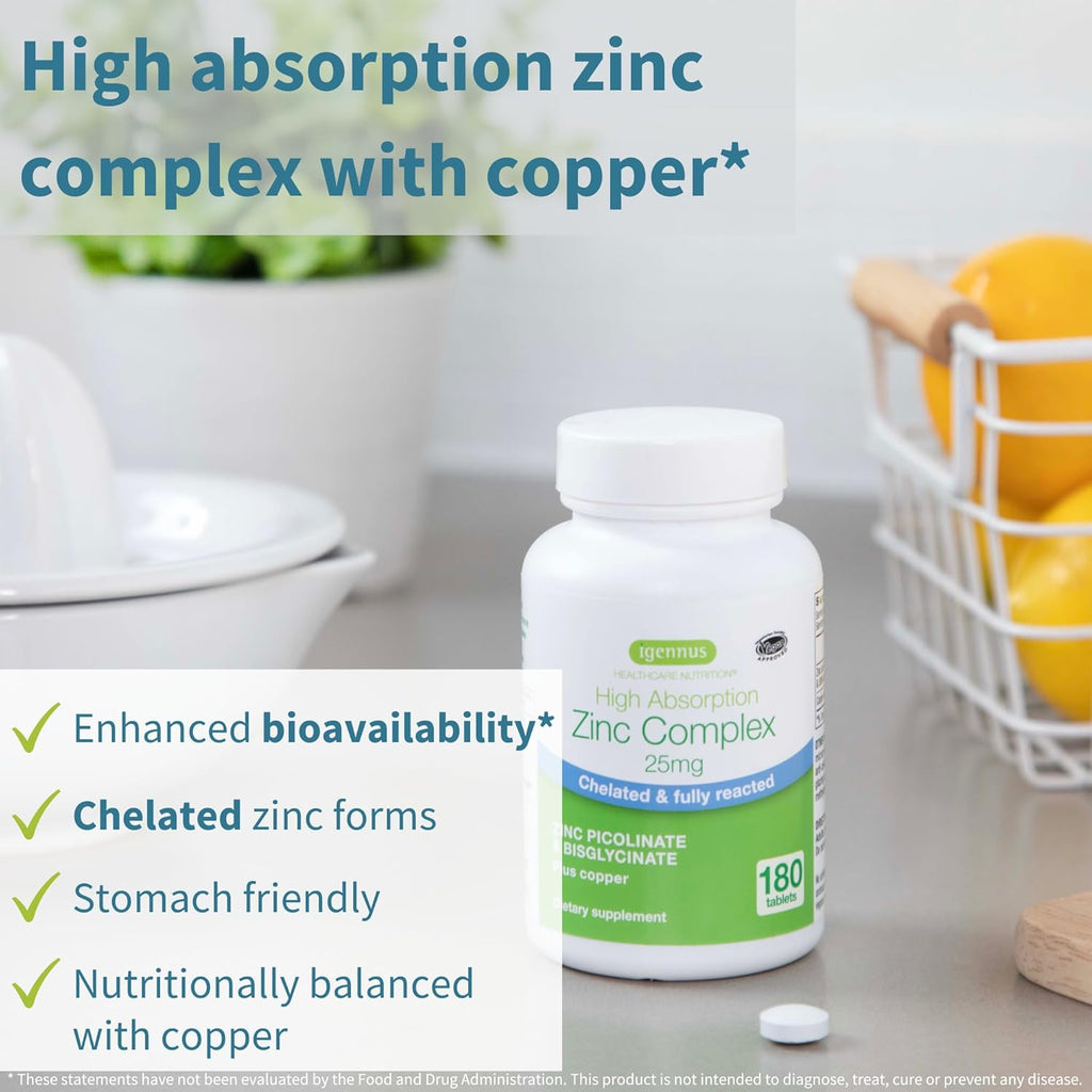 Igennus Chelated Zinc 25mg with Copper, Picolinate & Bisglycinate, Clean Label & High Absorption Complex, Supplement for Women & Men, Vegan, Immune, Skin and Cellular Health, 180 Tablets