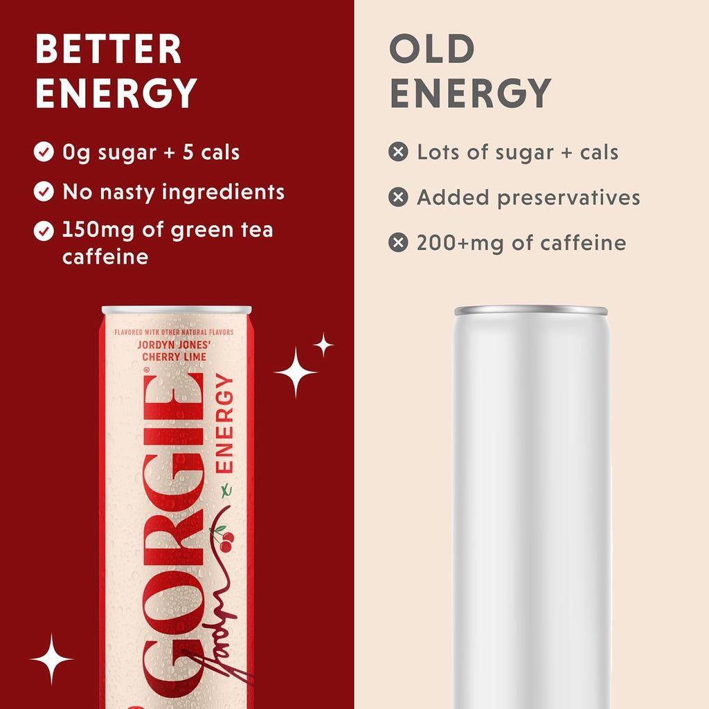 GORGIE Jordyn Jones Cherry Lime, Sugar-Free Natural Energy Drink Sparkling, Healthy Energy Drinks - Green Tea, Biotin, B Vitamins -150mg Caffeine, Vegan, & Low Calorie (Pack of 12)
