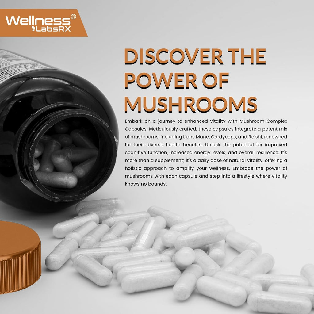 WELLNESS LABSRX Mushroom Supplement Capsules 10:1 Extract, Mushroom Complex Capsules 1000mg, Lions Mane Supplement with Turkey Tail, Cordyceps, Reishi - 120 Count