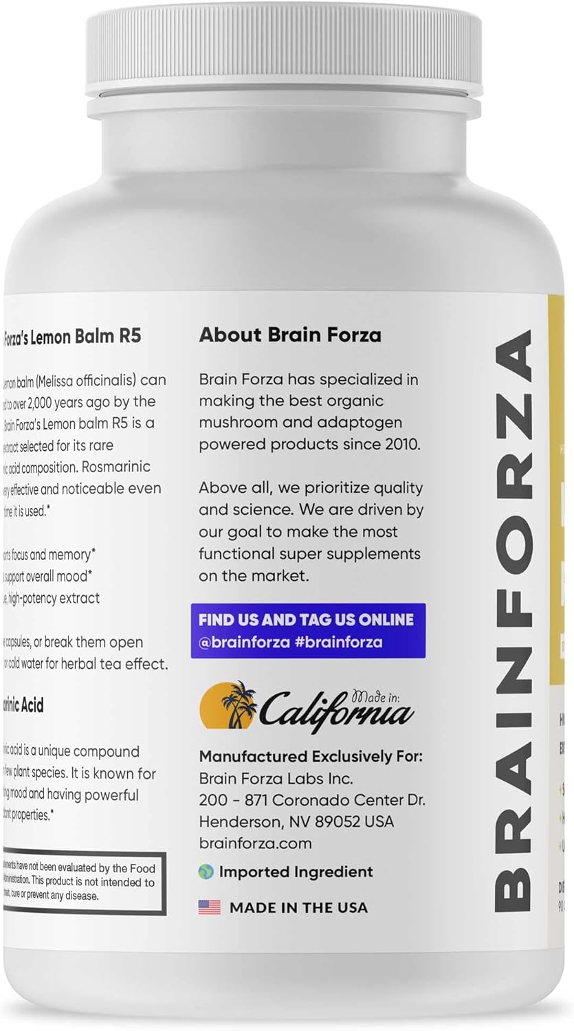 Brain Forza Lemon Balm R5 Extract Capsules - Standardized Extract 5% Rosmarinic Acid, 90 Capsules
