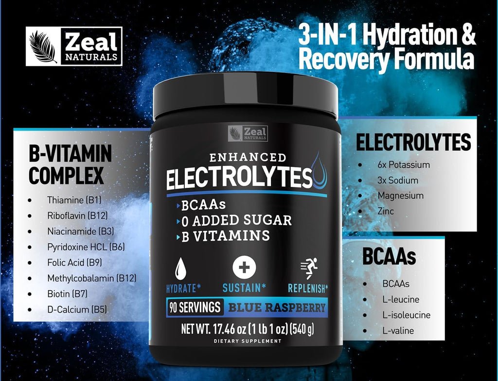 Zeal Electrolyte Powder - 90 Servings | Keto Electrolytes Powder | Zero Sugar, BCAAs, B-Vitamins | Potassium, Zinc, Magnesium | Hydration Powder Recovery Drink | Blue Raspberry