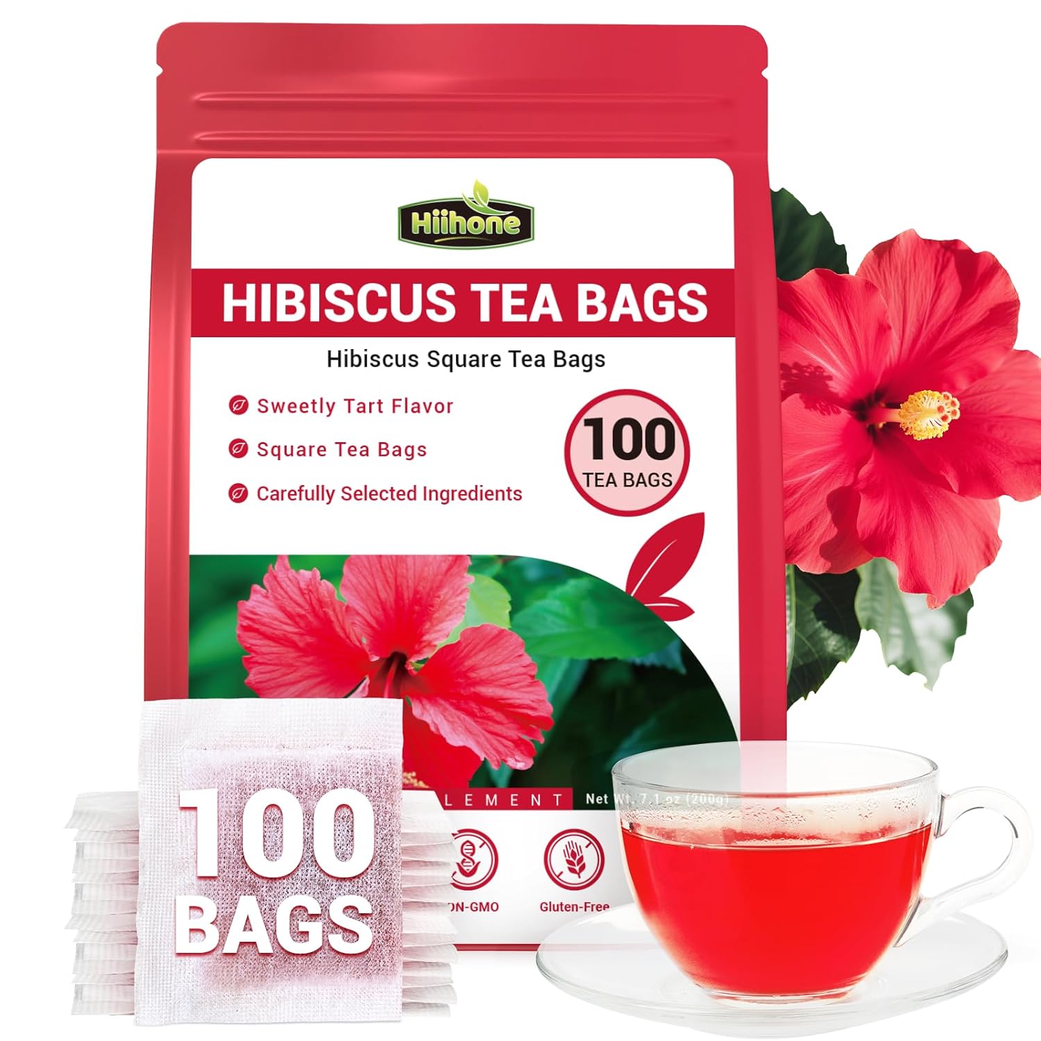 Hibiscus Tea Bags, Hibiscus Flower Herbal Tea - Rich in Vitamin C, Caffeine Free,Sugar Free, 100 Teabags