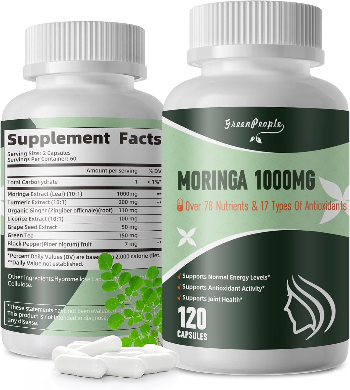 Liposome Moringa Capsules 1000mg - 10X Absorption 7- in -1 Pure Moringa Powder Supplement Green Antioxidant Superfood with Turmeric for Energy/Immune/Gut Health 120Pcs 60 Day Vegan