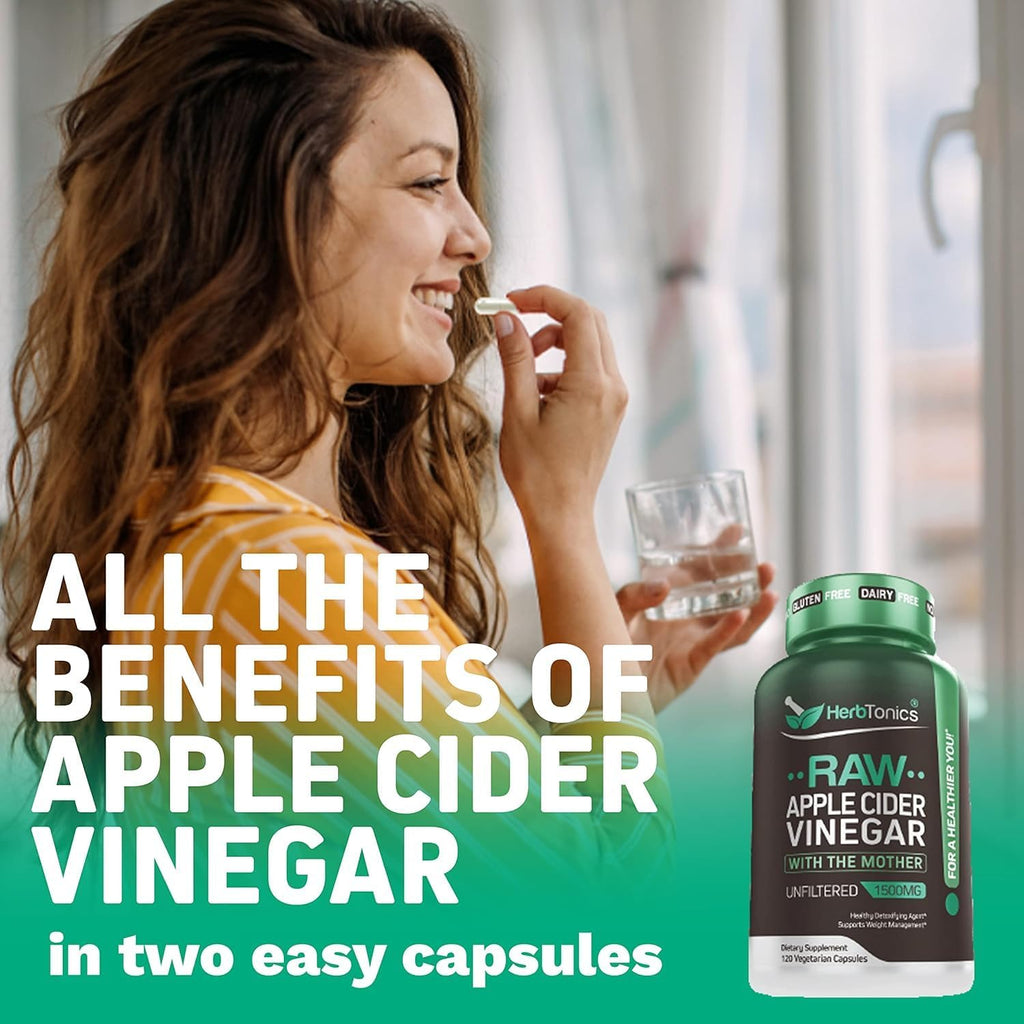 Herbtonics Raw Apple Cider Vinegar Capsules 1500mg with Mother | Weight Management, Detox & Digestion Formula with GLP-1 Support | Unfiltered ACV for Metabolic Support | 240 Vegan Capsules