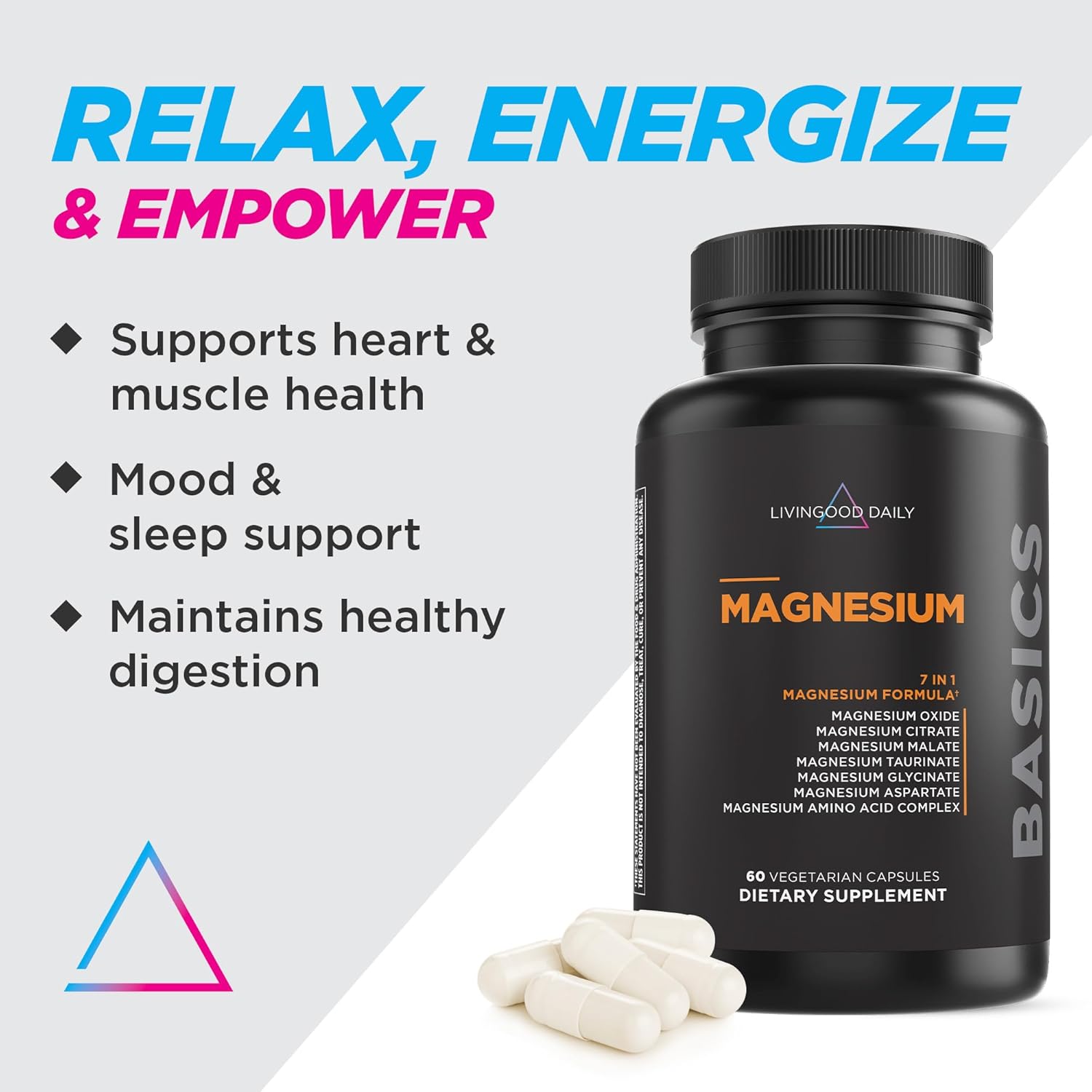Livingood Daily Magnesium Supplement with Magnesium Glycinate, Citrate, Malate, Oxide, Aspartate, Amino Acid Complex and Chicory Root for Heart Health, Sleep and Muscle Support, 300mg, 60 Capsules