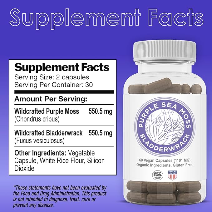 Purple Seamoss + Bladderwrack Seaweed Capsules - 2202mg Complete Nutrient Profile, Wildcrafted & Wildharvested, Made in the USA, Rich in Minerals, 60 ct