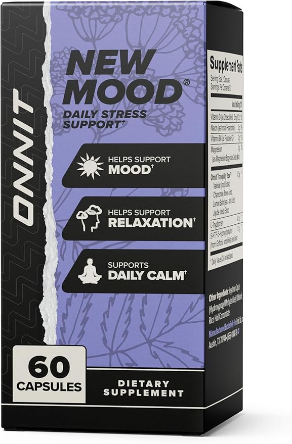 ONNIT New Mood Daily Stress Support Capsules, IGEN Non-GMO Tested Sleep and Mood Support Supplement for Men and Women, Daily Stress Management Capsules, 60 Count