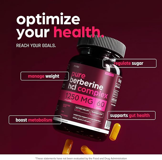 Berberine Supplement 1250mg Potent Botanical Capsules for Weight Management with Bitter Melon and Banaba Leaf - HCl from Barberry Extract- 30 Servings