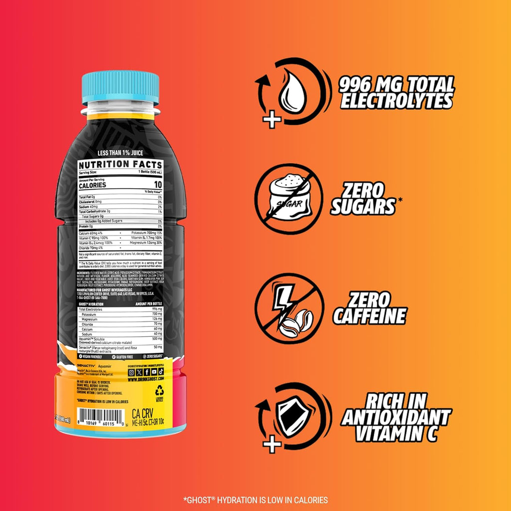 GHOST Hydration Drink, Strawbango - RTD Sports Drink with Electrolytes, Natural Vitamins & Minerals - All Day Lifestyle Hydration Beverage - Zero Caffeine & Zero Sugars - 16.9 Fl Oz, 12 Pack