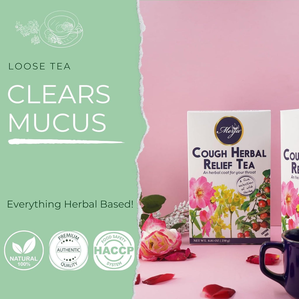 Merja Herbs Cough Relief Herbal Tea [250g] Caffeine-Free Tea for Cough & Cold Relief, Sore Throat & Cough Support | Mediterranean Loose Tea | Herbal Teas & Beverages, Pack of 1