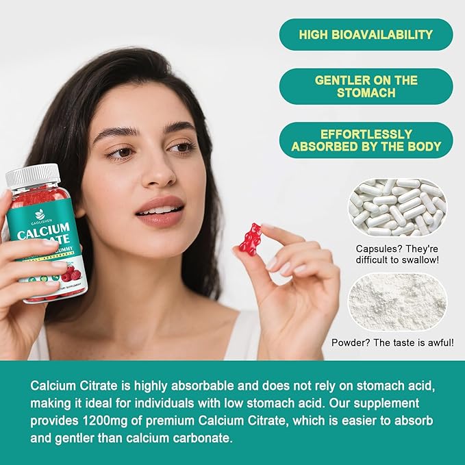 Sugar Free Calcium Citrate 1200mg with Vitamin D3 Supplements Gummies, Calcium Gummies with Vitamin D3, K2 for Women & Men, Raspberry Flavor, 60 Day Supply