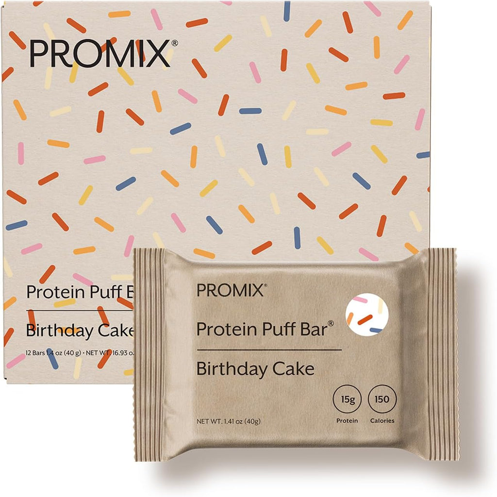 ProMix Nutrition Protein Puff Bars - Birthday Cake - Marshmallow Crispy Treat - Great Tasting & Healthy On The Go Snack - High Protein & Low Calorie - Free From Gluten, Soy, & Corn - 12 Bars