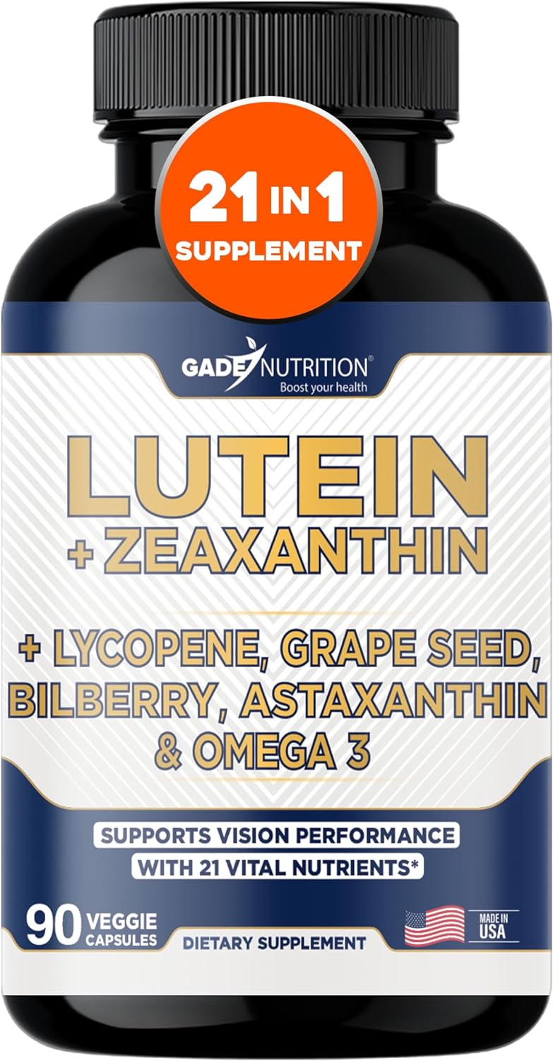 Gade Nutrition Lutein and Zeaxanthin Supplements | Astaxanthin, Omega 3, Resveratrol, Bilberry, Lycopene, Quercetin, Ginkgo Biloba, Vitamin D - Eye Health Vitamins, Eye Support, Health Vision Formula