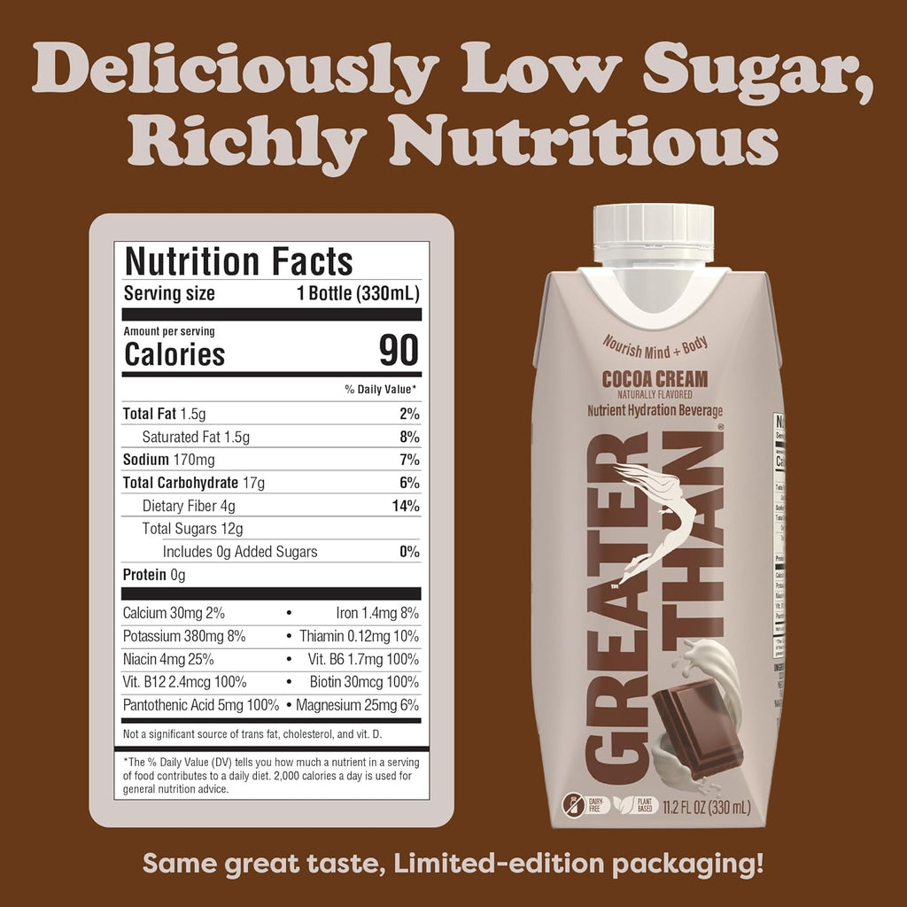 Greater Than Nutrient Hydration Beverage, Electrolyte Drink for Gut Health & Energy with Coconut Water, Vitamins, Gluten Free, Plant Based, Low Sugar, Cocoa Cream, 12 Pack