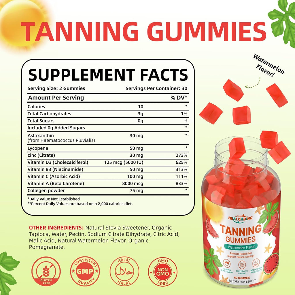 Tanning Gummies - Tan Bronzing Supplement with Astaxanthin Lycopene Beta Carotene Vitamins Supports Sun-Kissed Glow Non-GMO, Vegan Friendly (30-Day Supply)