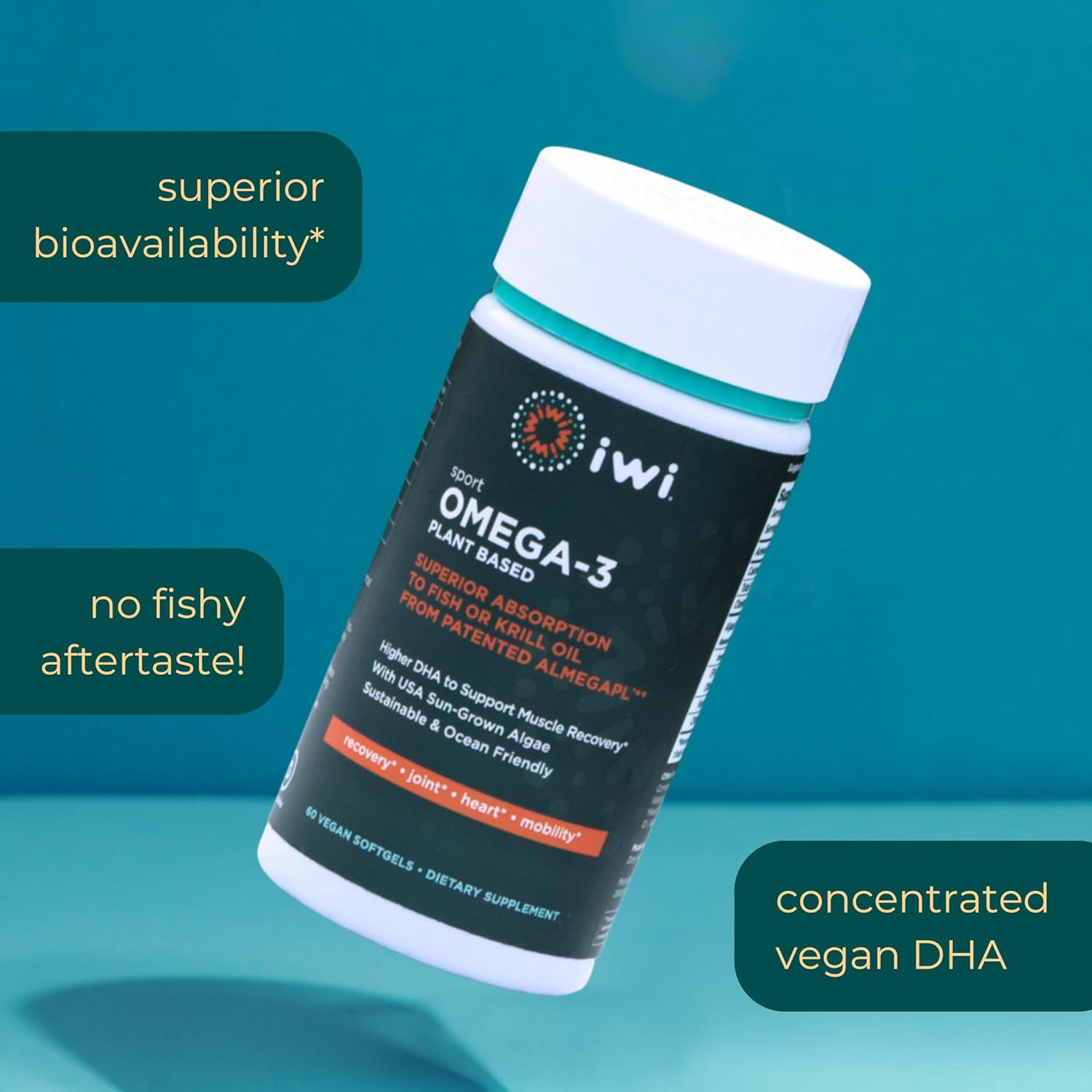 Iwi Omega-3 Sport, 60 Softgels (30 Servings), Plant-Based Vegan Algae Omega 3 with DHA, Exercise Recovery Support Dietary Supplement, Krill & Fish Oil Alternative, No Fishy Aftertaste