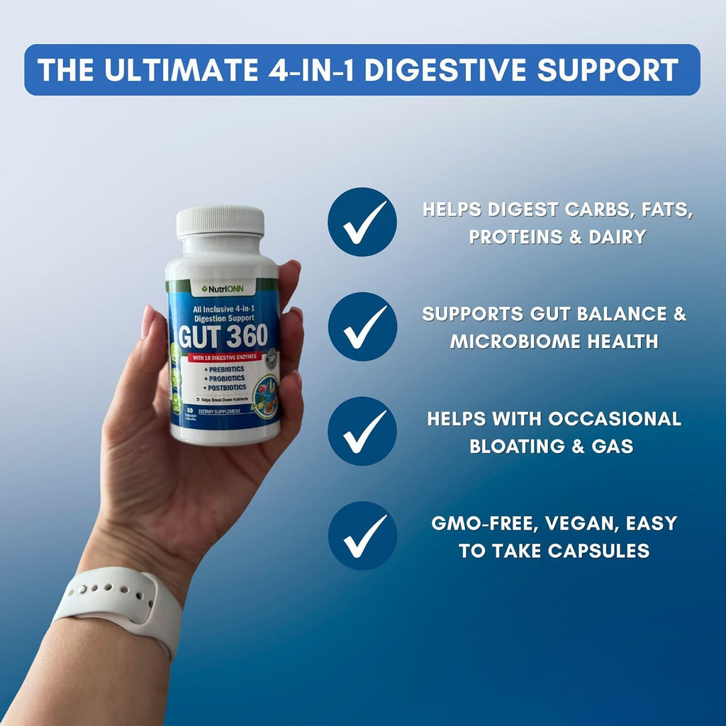 4-in-1 Probiotics, Prebiotics & Postbiotics with 18 Digestive Enzymes for Women & Men - Complete Gut & Digestive Support Supplement - Bloating Relief and Enzymes for Digestion - Non GMO - Vegan