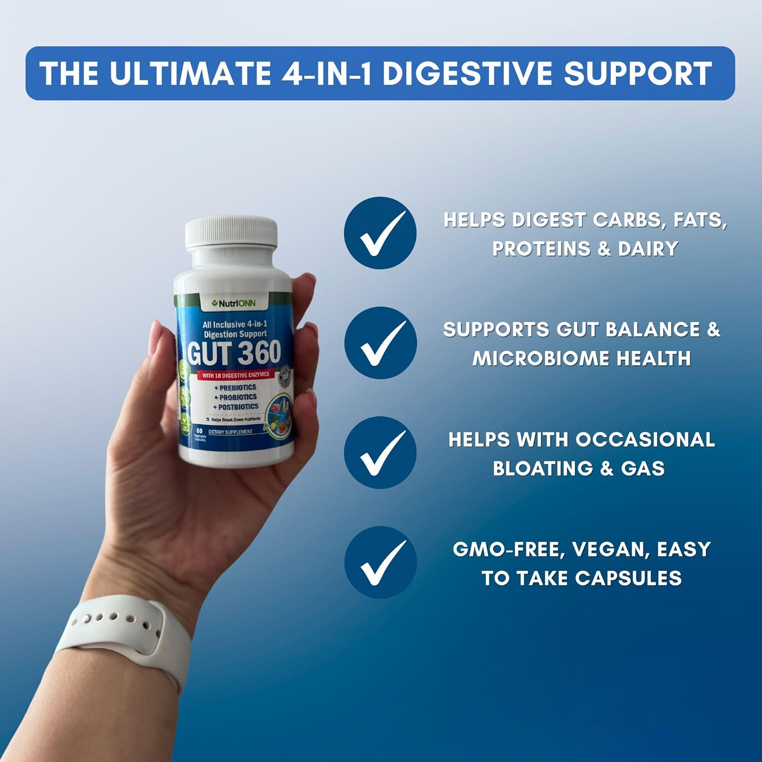 4-in-1 Probiotics, Prebiotics & Postbiotics with 18 Digestive Enzymes for Women & Men - Complete Gut & Digestive Support Supplement - Bloating Relief and Enzymes for Digestion - Non GMO - Vegan