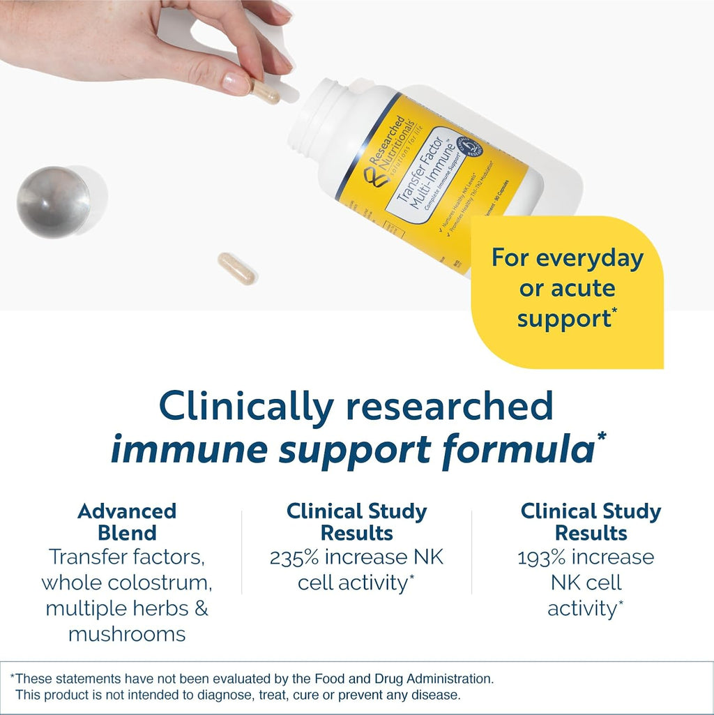 Researched Nutritionals Transfer Factor Multi-Immune - Complete Immune Support with Zinc, Beta Glucan, Mushrooms Supplement & Colostrum Capsules - Backed by Peer Reviewed Clinical Research (90 Count)