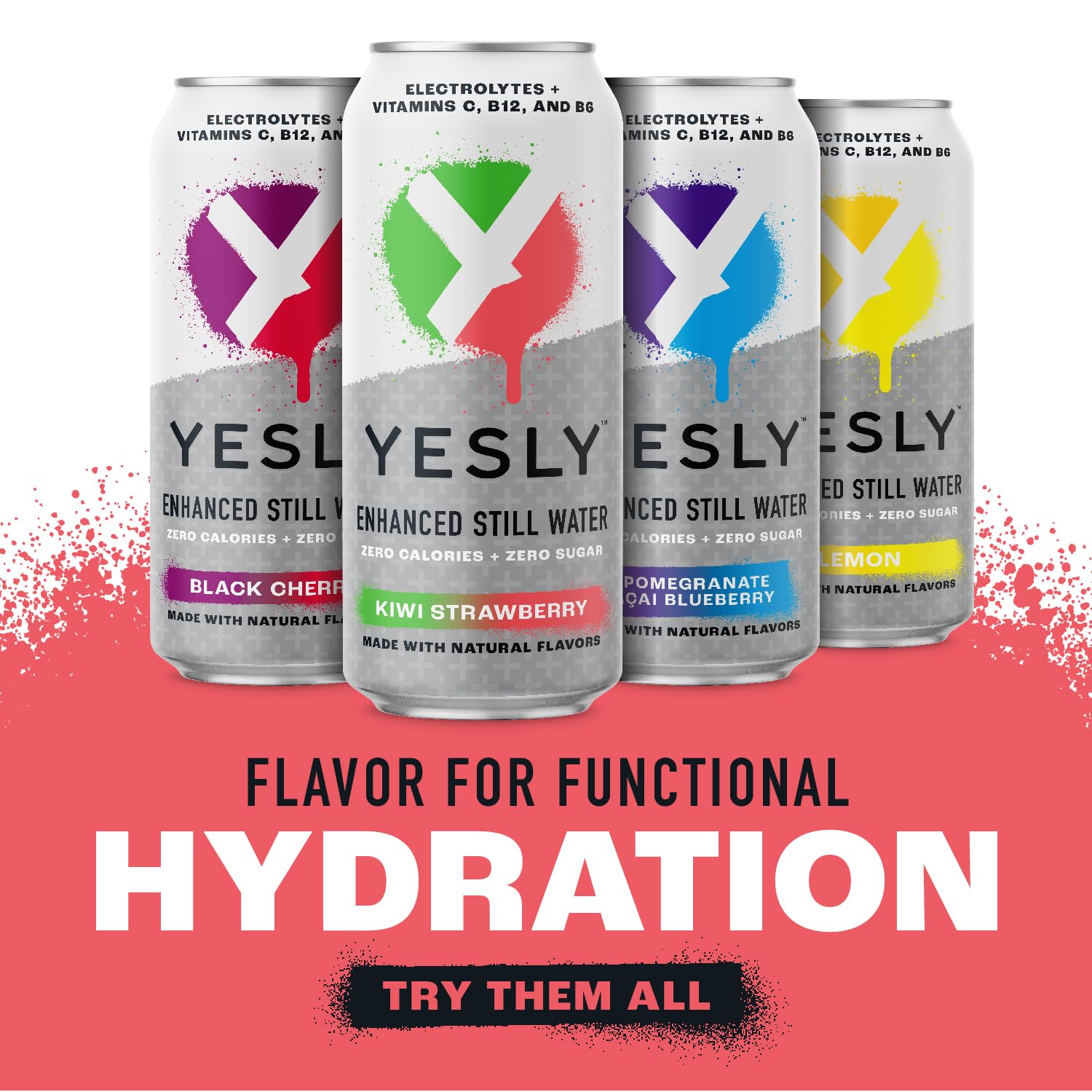 Yesly Functional Water, Kiwi Strawberry, Naturally Flavored Still Water with Electrolytes, Magnesium, Potassium, Vitamin C, B6 & B12, Zero Sugar, No Artificial Sweeteners, 16 Fl Oz Cans, 12 Pack