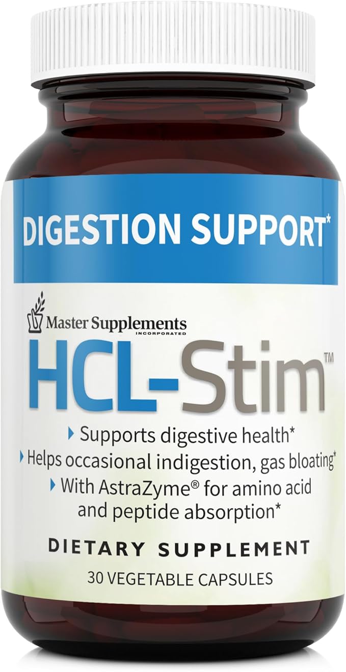 Master Supplements HCL-Stim - 30 Vegetable Capsules - Provides Digestive Support + Gas & Bloating Relief - Vegan, Gluten Free - 30 Servings