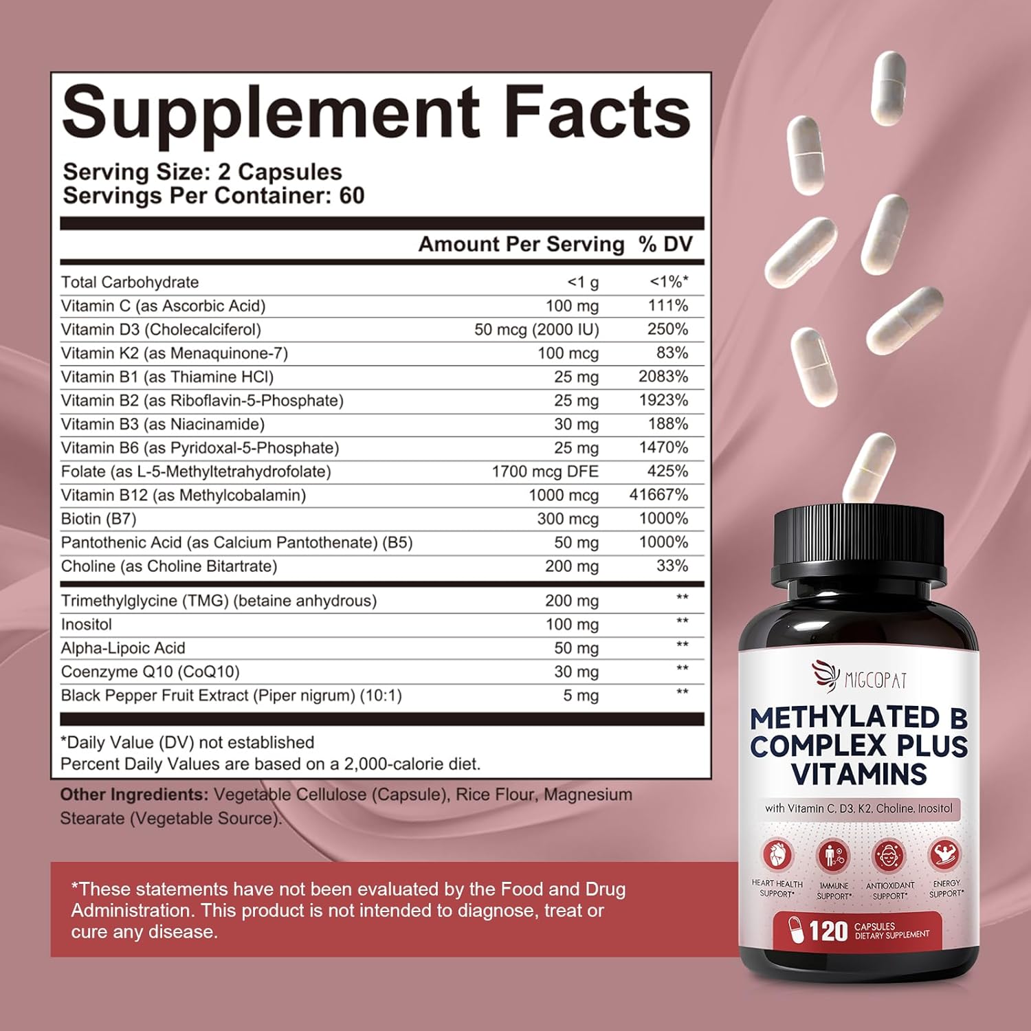 16-in-1 Methylated Multivitamin Plus, Methylated B Complex with Vitamin B12 & Methylfolate, B1-B7, CoQ10 & Alpha Lipoic Acid, Vitamin B Complex for Energy, Brain, Heart, Immunity& Antioxidant,120 Caps