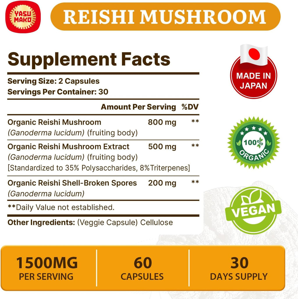 Japanese Reishi Mushroom Supplement 800mg with Reishi Mushroom Extract 500mg & Shell-Broken Spores 200mg,Organic Mushroom Capsules for Immune System - Real Fruiting Body (Pack of 3)