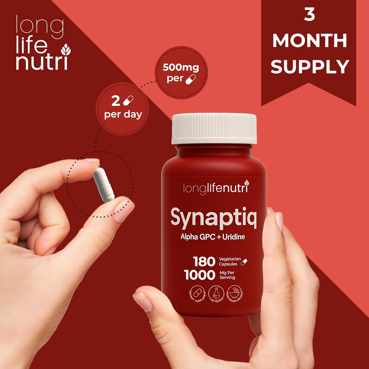 Synaptiq 1000mg (Alpha GPC + Uridine Monophosphate 600mg/400mg) - Nootropic Choline Supplement, 180 Vegetarian Capsules, 3-Month Supply, For Focus & Productivity, GMP Certified, Made in USA