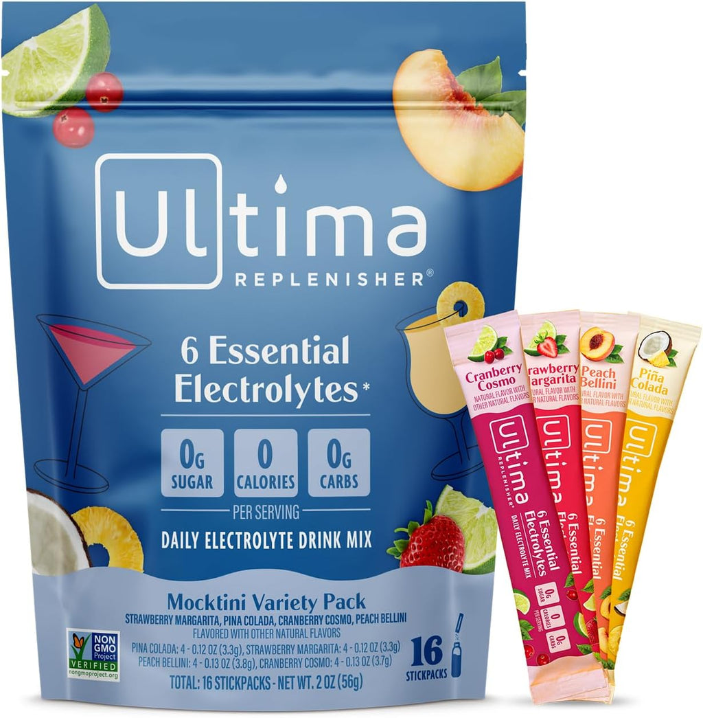 Ultima Replenisher Daily Electrolyte Powder Drink Mix – Sugar Free – Mocktini Variety, 16 Stickpacks – Hydration Packets with 6 Key Electrolytes and Trace Minerals – Keto Friendly, Non-GMO