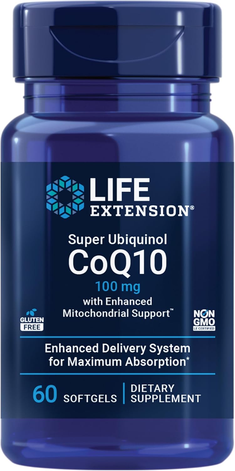 Life Extension Super Ubiquinol CoQ10 with Enhanced Mitochondrial Support, ubiquinol CoQ10, shilajit, potent heart health & cellular energy production support, ultra-absorbable, gluten-free, 60 softgel