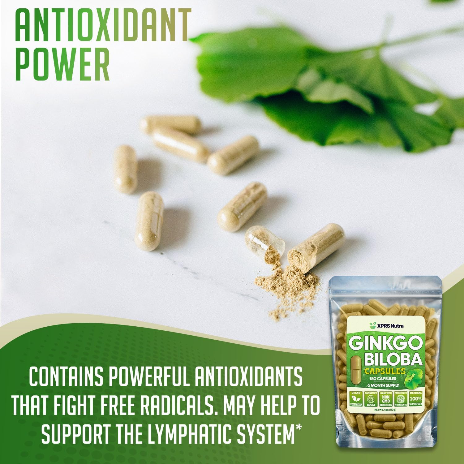 XPRS Nutra Ginkgo Biloba Capsules - Gingko Biloba Encapsulated Supplements for Cognition - Vegan Friendly Ginkoba Biloba - Immunity Boosting Ginkgo Biloba Capsules - 180 Count