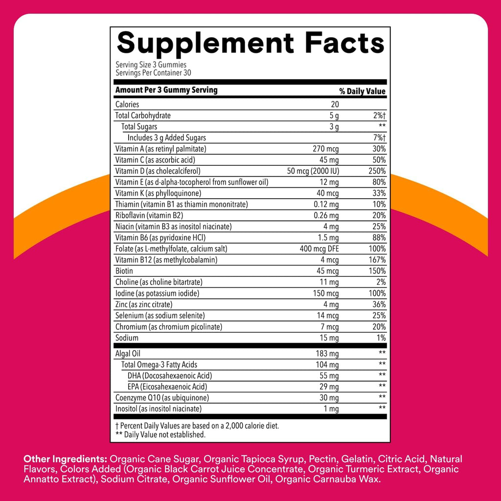 SmartyPants Women's Multivitamin Gummies - Improved Formula: Omega 3 (DHA/EPA), Methylfolate, CoQ10, Vitamin D3, C, Vitamin B12, B6, A, K & Zinc, Inositol, Gluten Free, 90 Count (30 Day Supply)