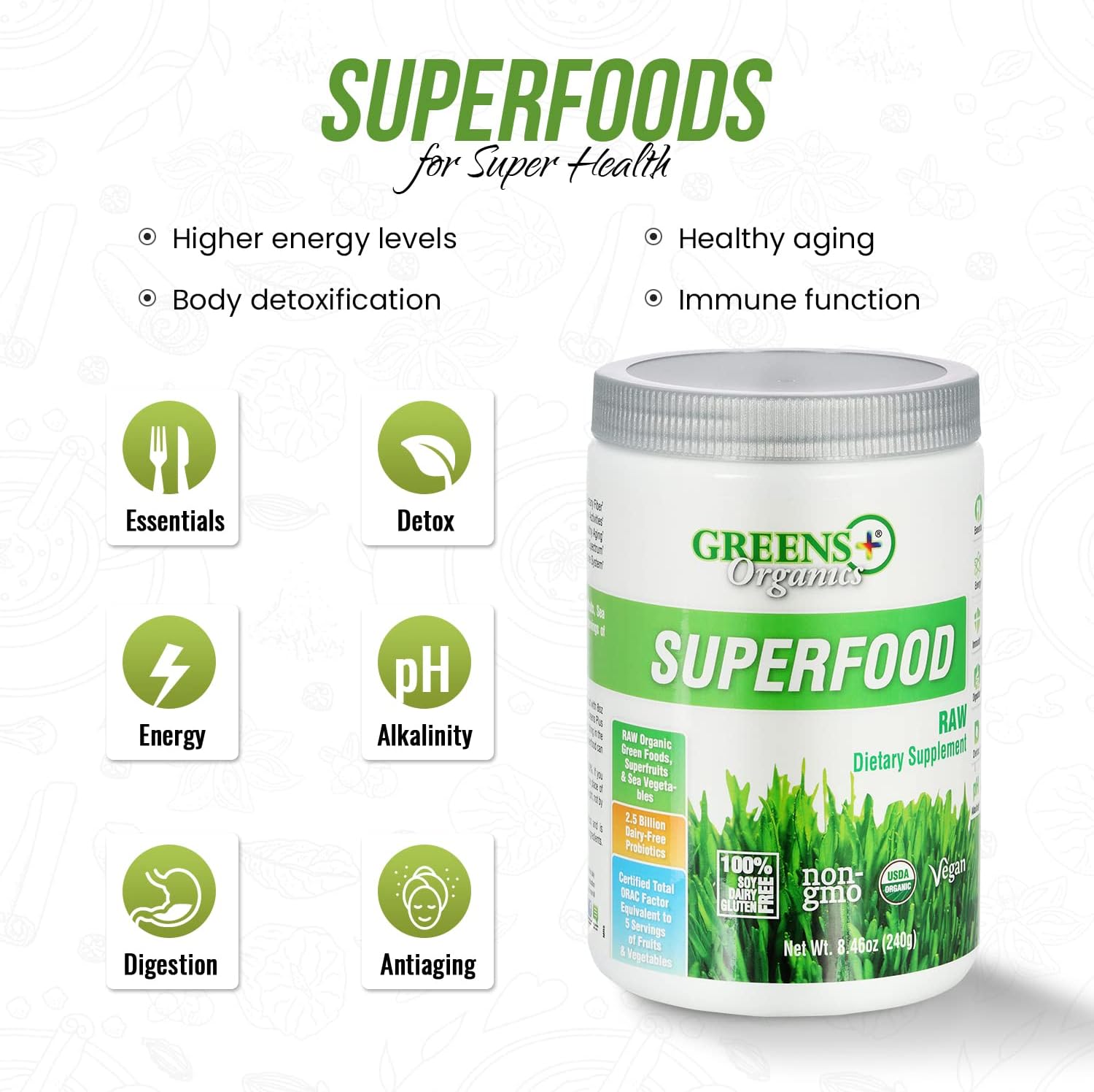Greens+ Organic RAW Superfood Powder, Super Blend Immune Support, Morning Kick, Energy Boost, Nutrition Vibrant Health, Dietary Supplement, Vegan Soy/Dairy/Gluten Free(8.46oz)