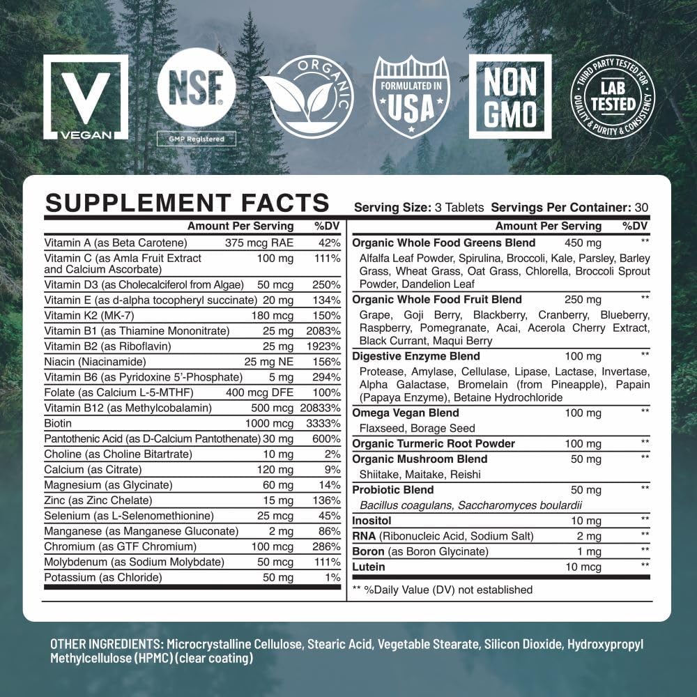 Whole Food Multivitamin for Women, Daily Multi Vitamins Supplements for Men/Mens Multivitamins + B Complex, Probiotic Multi Enzyme, Omegas for Organic Energy, Mood, Digestion 90ct