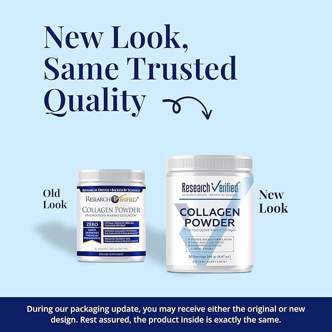 Research Verified® Collagen Powder - Hydrolyzed Marine Collagen Peptides - Unflavored - Skin Hydration and Elasticity, Muscle Recovery, Non GMO - 30 Scoops Per Container - 6 Month Supply